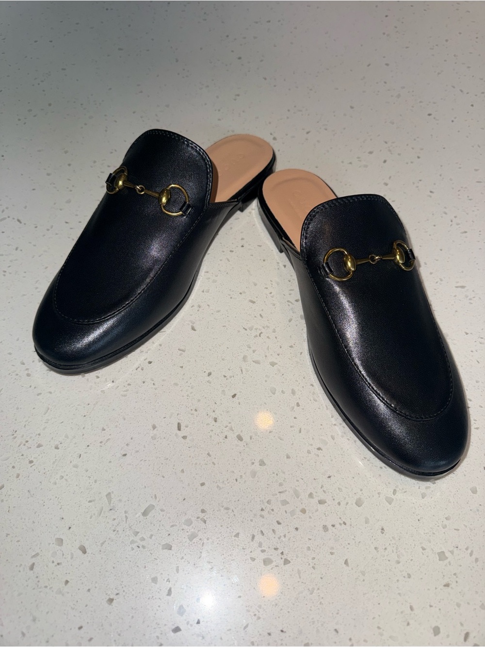 Black Leather Slip-On Loafers with Gold Bit Hardware